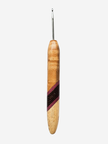 03.50mm Light Roasted Maple + Purpleheart / Wenge Diagonal Stripes + Spalted Maple Metal Crochet Hook (Item #156)