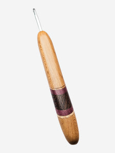 04.50mm Light Roasted Maple + Spalted Maple / Wenge / Purpleheart Diagonal Stripes Metal Crochet Hook (Item #174)