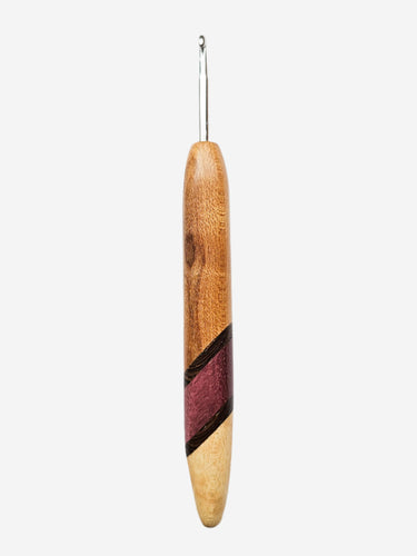 04.50mm Light Roasted Maple + Wenge / Purpleheart Diagonal Stripes + Spalted Maple Metal Crochet Hook (Item #179)