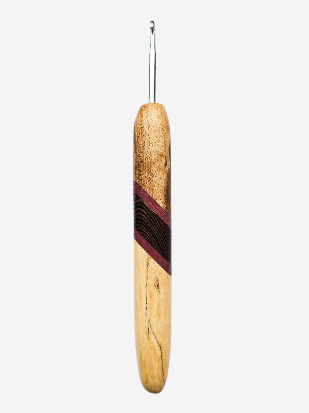 04.50mm Light Roasted Maple + Purpleheart / Wenge Diagonal Stripes + Spalted Maple Metal Crochet Hook (Item #184)