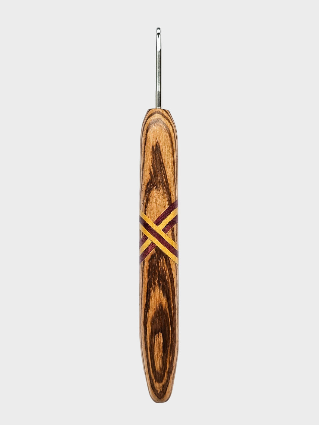 03.00mm Zebrawood + Yellowheart + Purpleheart XO Metal Crochet Hook (Item #89)